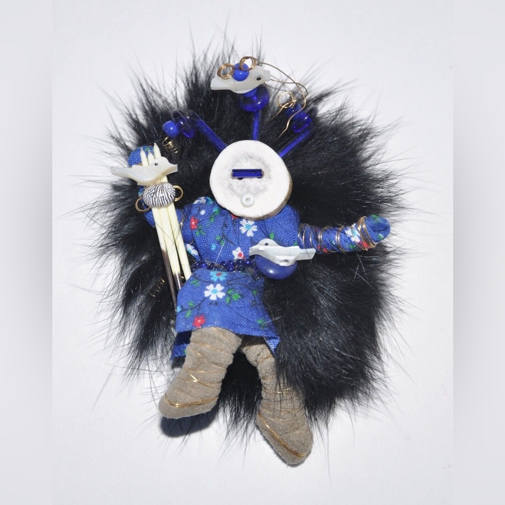 Alaskan Eskimo Figurine Christmas Ornament Real Fur Fabric Wire Originals